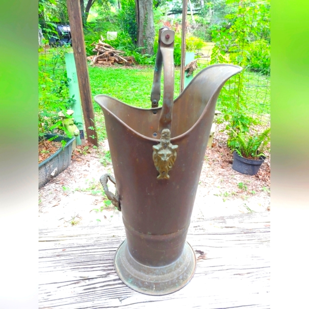 Large Antique Brass Coal Scuttle With Lion Motifs & Handle 20" Tall x 10" Wide